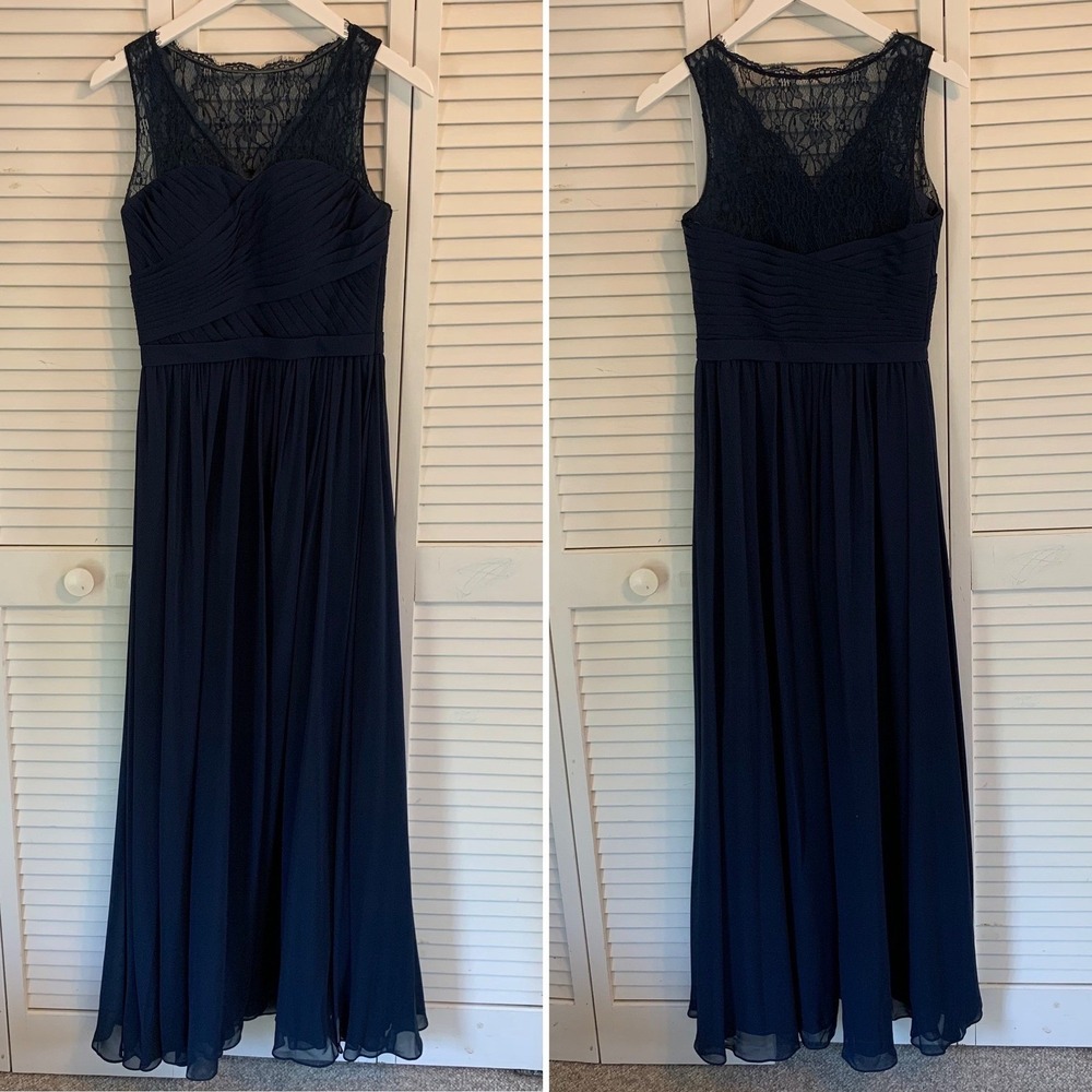Azazie Lace Chiffon Maxi Dress Pleated Formal Bridesmaid Gown Navy Blue Womens 4